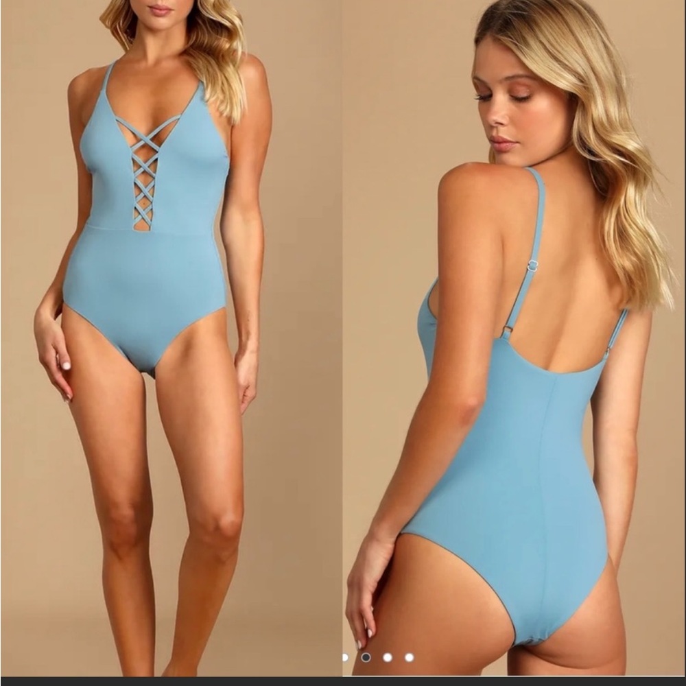 Lulu’s New Myrtle Beach Light Blue Lace Up One Piece Swimsuit Size XL